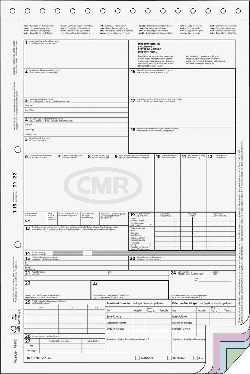 Sigel CMR-Frachtbrief DIN A4 Gelocht FB490 50 Blatt