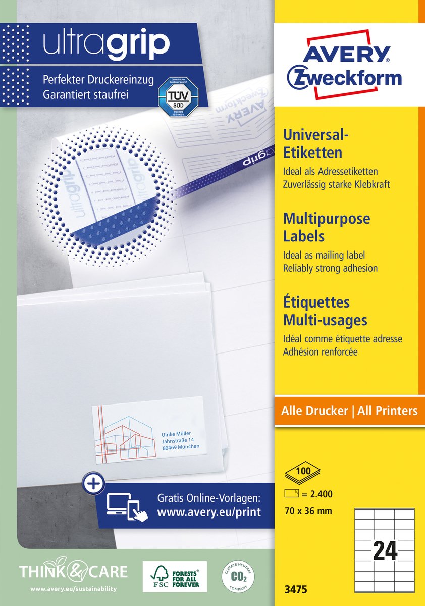 Avery Universaletiketter til generelle formål, 70 x 36 mm, 2.400 Etiketter, Hvid