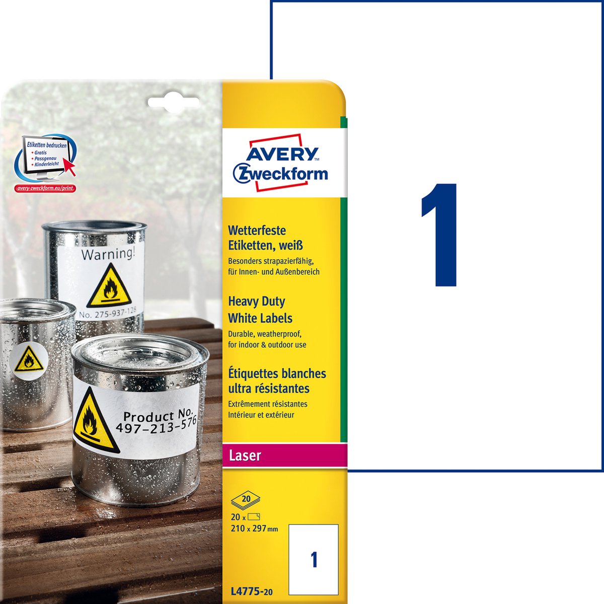 Avery Holdbare etiketter, hvide, 210x297mm