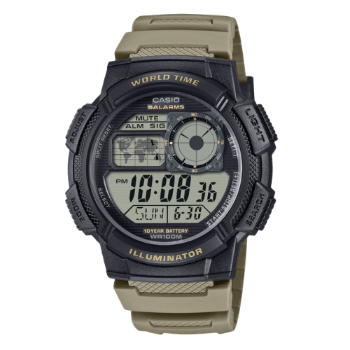 Casio Youth AE-1000W-5AVEF World Time Digital Sportklocka för Män - Olivgrönt Resinarmband