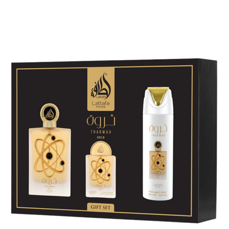 Lattafa Pride Tharwah Gold Unisex Gift Set – 3 Pcs