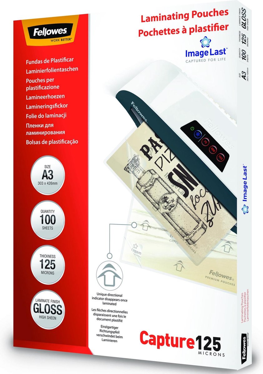 Fellowes ImageLast Capture Laminierfolien A3 Glänzend 125 Mikron (2 x 125) Transparent 100 Stück