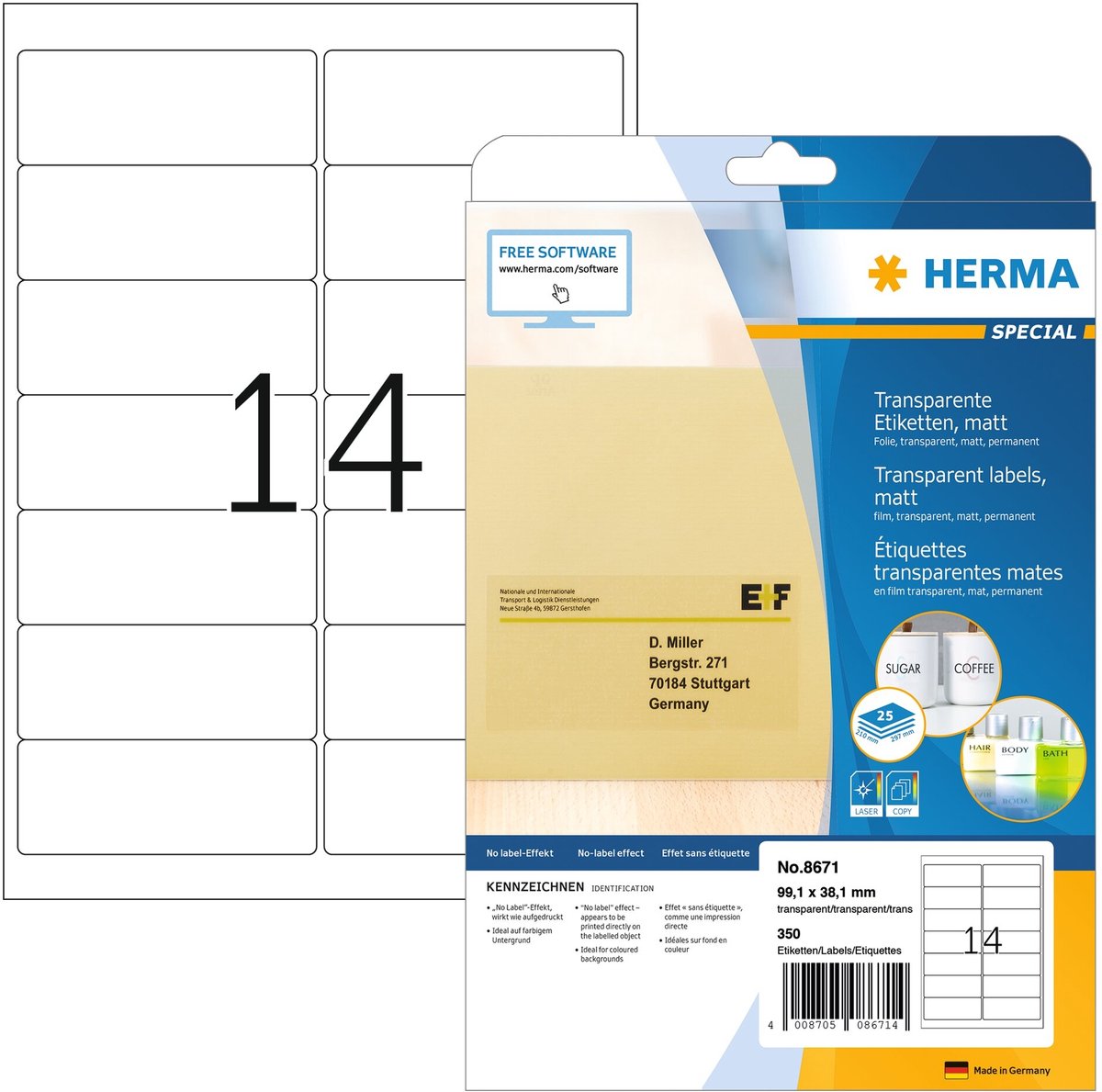 HERMA Adressetiketten 8671 Selbstklebend DIN A4 Transparent 99,1 x 38,1 mm 25 Blatt à 14 Etiketten