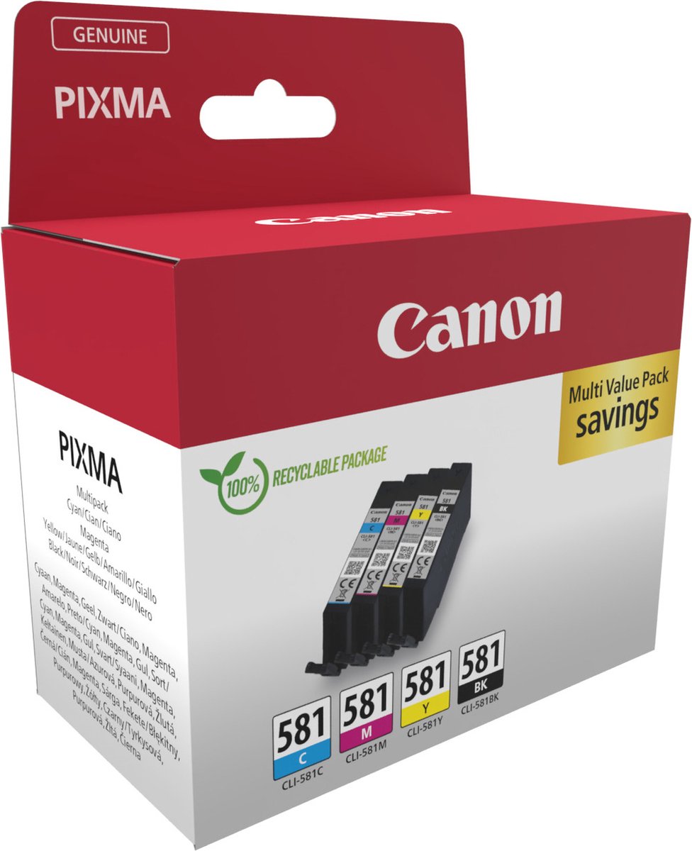 Canon CLI-581 Tintenpatrone 2103C007 Schwarz, Cyan, Magenta, Gelb Multipack 4 Stück