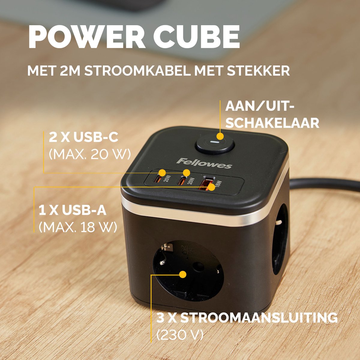 Fellowes Steckdosenwürfel USB-A & USB-C 3-fach 2 m Schwarz