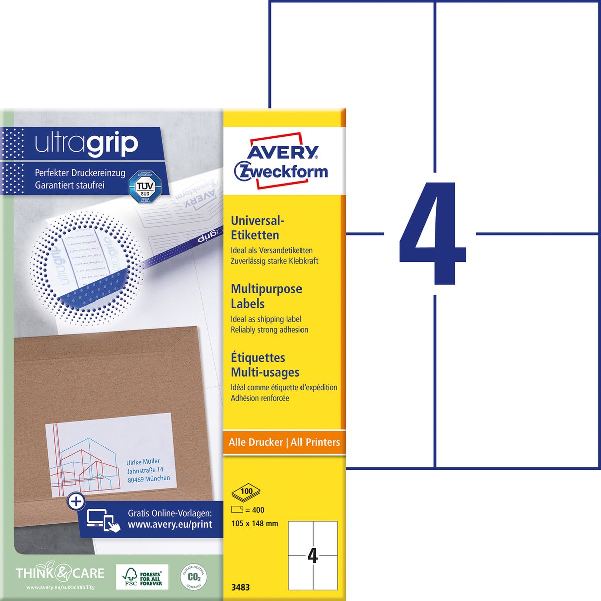 AVERY Zweckform ultragrip Mehrzwecketiketten 3483 Selbsthaftend A4 Weiß 105 x 148 mm 100 Blatt à 4 Etiketten