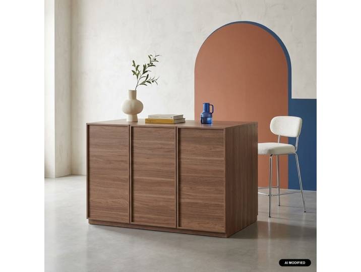 Îlot central de cuisine décor bois 3 portes noyer