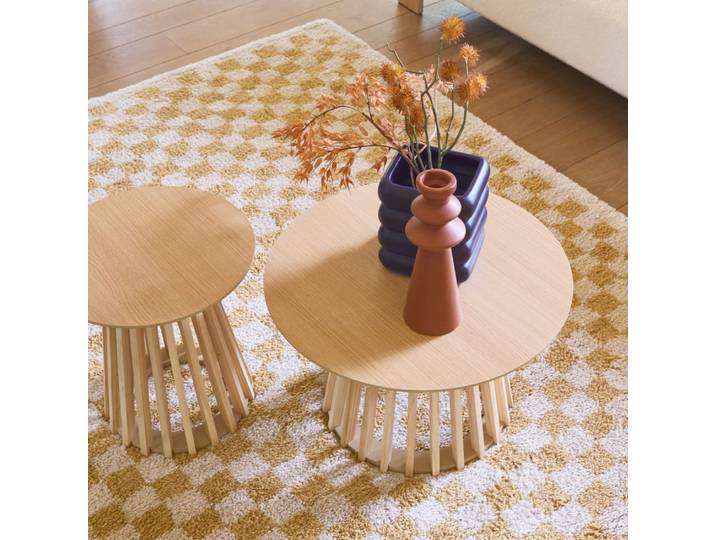 2 tables basses rondes effet chêne d40cm et d60cm
