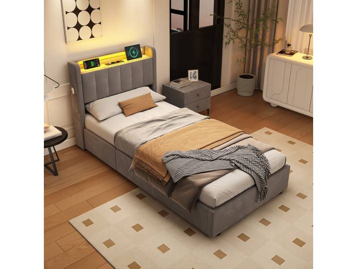 Lit rembourré en velours avec led, usb et rangement 90x190 cm