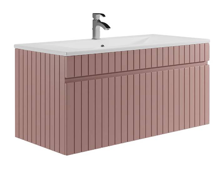 Meuble de salle de bain suspendu strié rose avec vasque à encastrer - 100 cm - SATARA