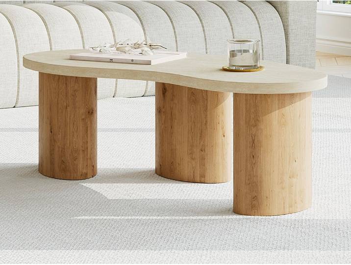 Table basse en MDF - Effet travertin beige et naturel clair - ALOZYA
