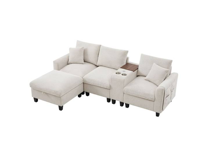 Canapé d'angle en velours côtelé beige avec console usb