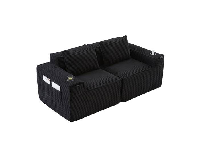 Canapé en velours côtelé noir avec porte-gobelets 188x90x75 cm