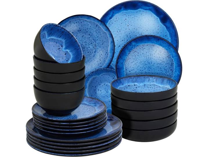 Set de vaisselle 24 pièces en faïence 6 personnes fait main bleu