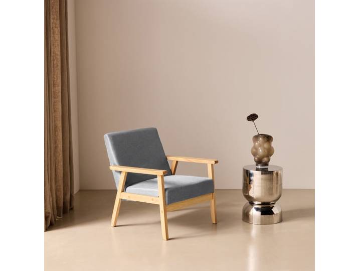 Fauteuil scandinave bois et tissu gris clair