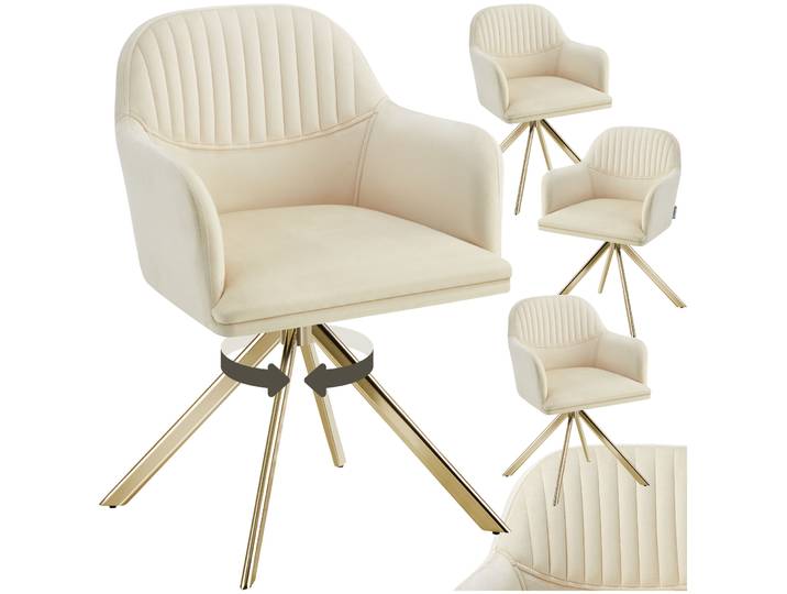 Chaise pivotante en velours Lona avec rembourrage épais - crème/or, Lot de 4