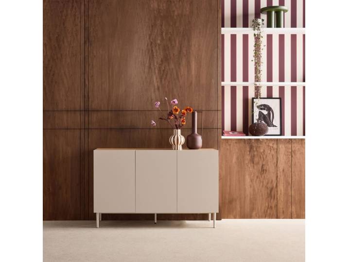Buffet métal et décor bois 3 portes 120cm beige et naturel