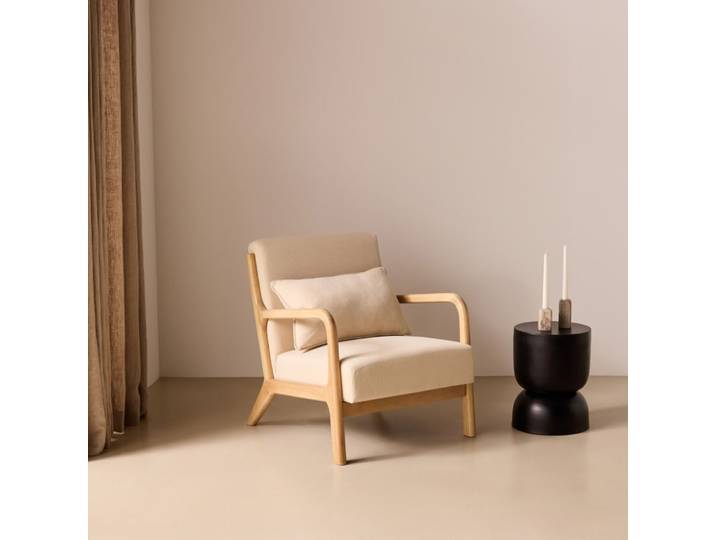 Fauteuil design beige en bois et tissu