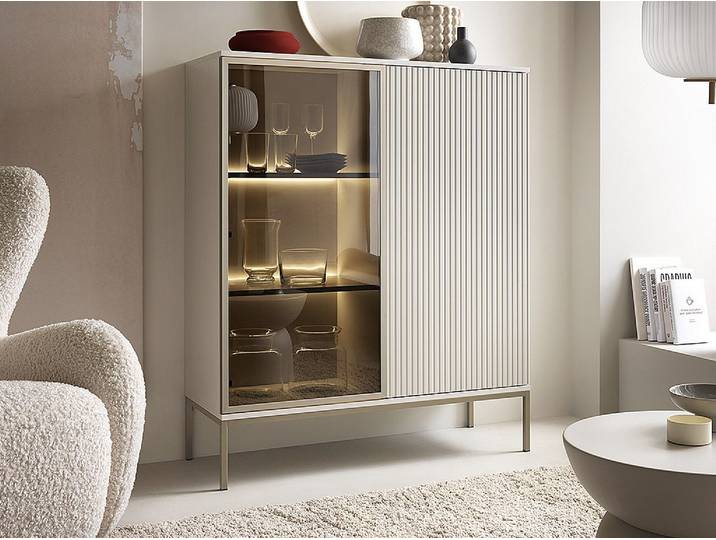 Vitrine 2 portes avec LEDs en MDF et verre fumé - Beige et noir - OVILA
