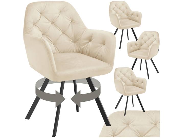 Fauteuil pivotant en velours Lucia, rembourré - crème, Lot de 4