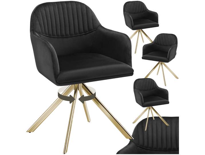 Chaise pivotante en velours Lona avec rembourrage épais - noir/or, Lot de 4