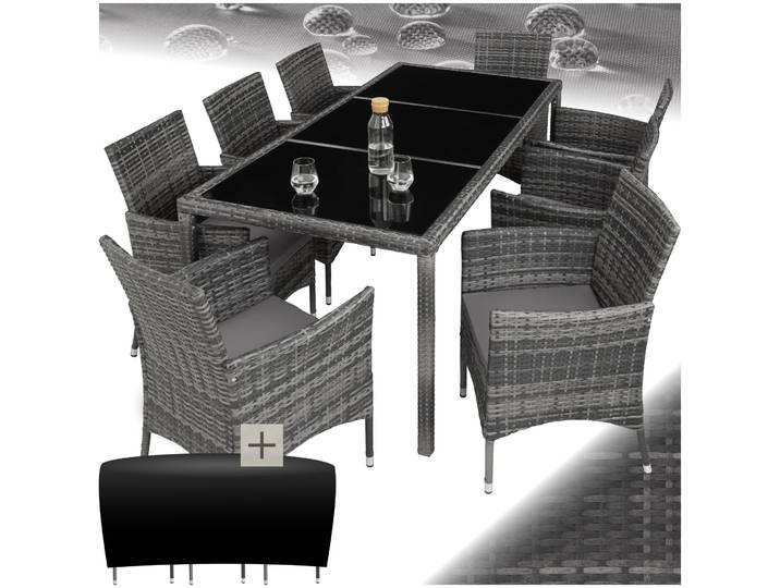 Salon de jardin 8 places avec housse de protection - gris tacheté/gris