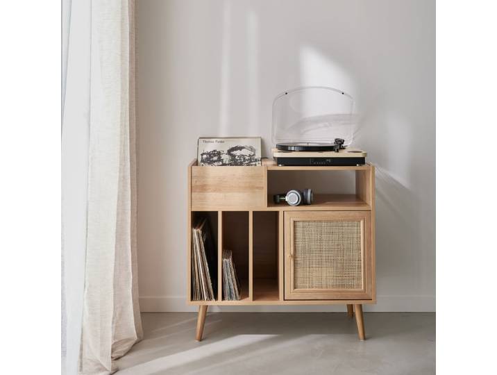 Meuble vinyle cannage et décor bois 1 porte