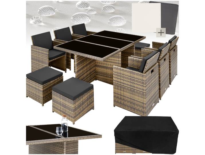 Ensemble de salon en rotin et aluminium New York 6+4+1 avec housse de protection - marron naturel