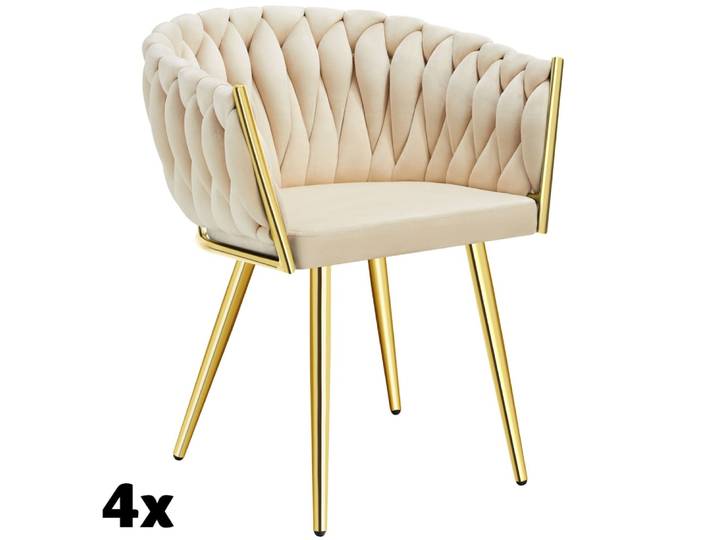 Lot 4 chaises de salle à manger en velours design noué sable/or