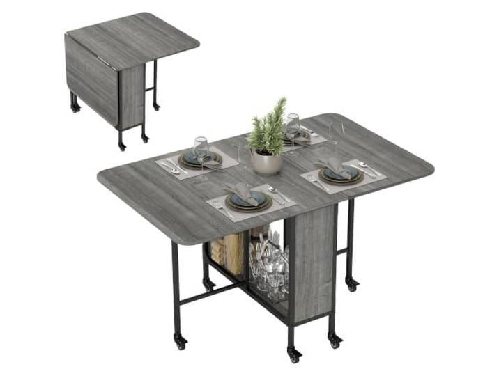 HOMCOM - Table à Manger Pliante sur roulettes\, 130 x 80 x 74 cm\, Gris Table de Cuisine pour 6 Personnes\, 2 Abattants\, Étagère Intégrée\, pour Petits Espaces\, Salle à Manger
