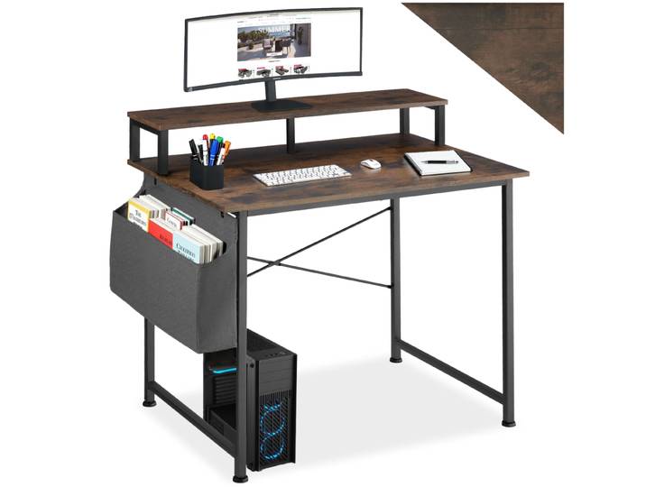 Table de bureau avec étagère de rangement et poche en tissu - Bois foncé industriel, rustique, 120 cm
