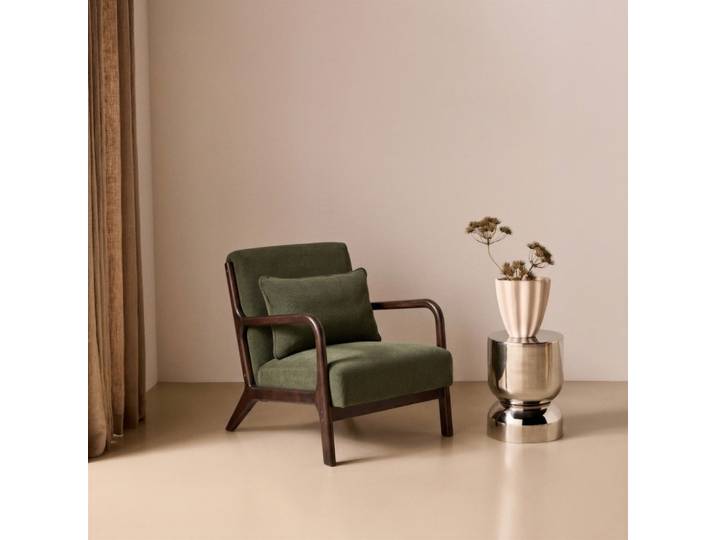 Fauteuil velours côtelé vert pieds bois d'hévéa