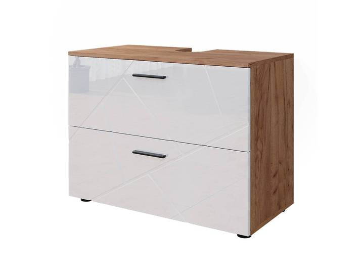 Meuble sous vasque simple 80x58.6cm, blanc brillant/chêne doré