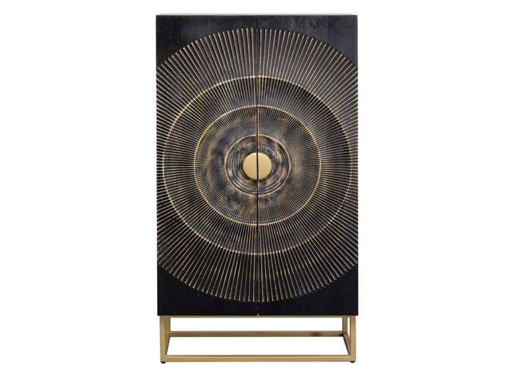 Armoire 2 portes en manguier noir sculpté et acier doré