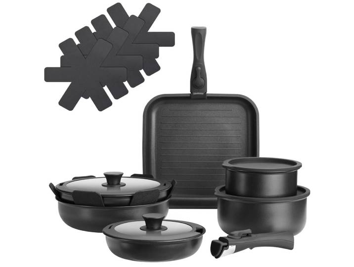 Lot de 17 pièces, batterie de cuisine, aluminium, antiadhésif, noir