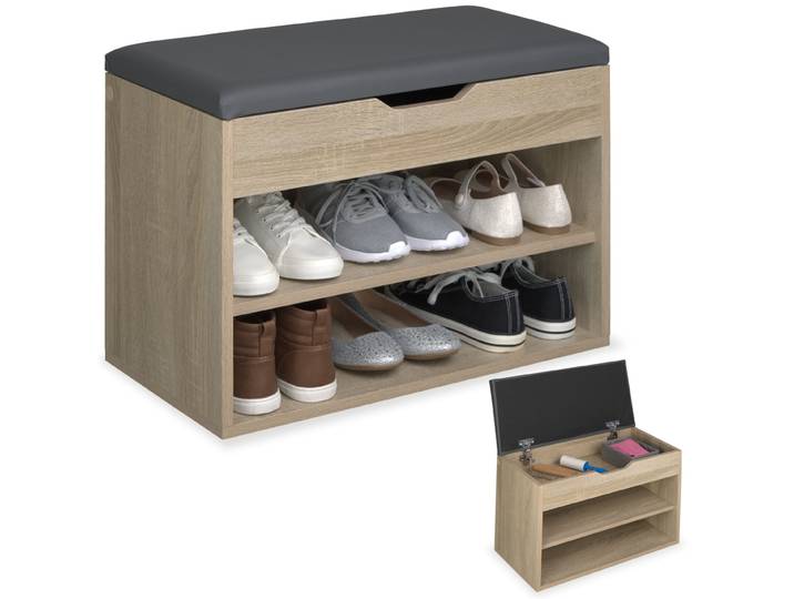 Banc à chaussures JASMINA avec coussin d'assise 60x30x43,5cm - Bois clair, Chêne Sonoma