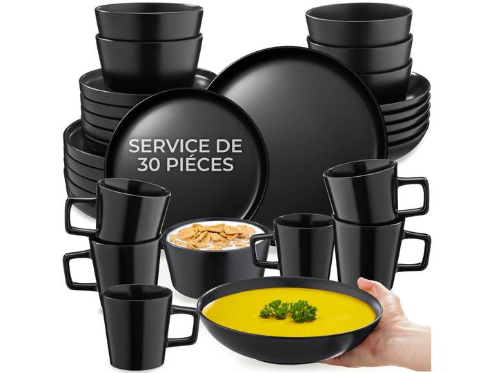Service de vaisselle UNA en grès pour 6 personnes - 30 pièces, noir