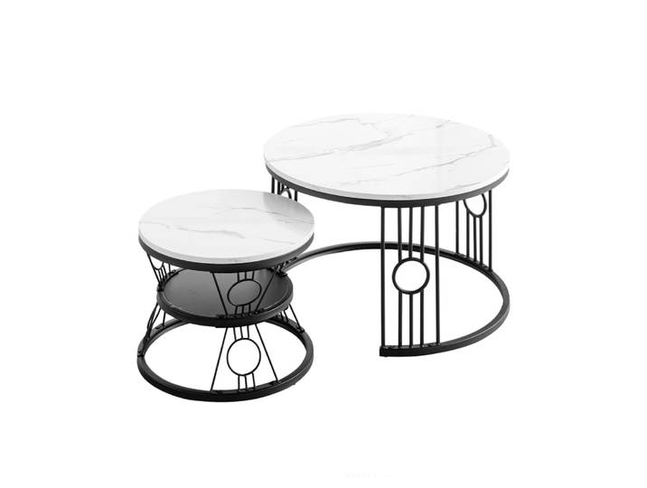 Set de 2 tables basses en métal avec plateau, noir+blanc