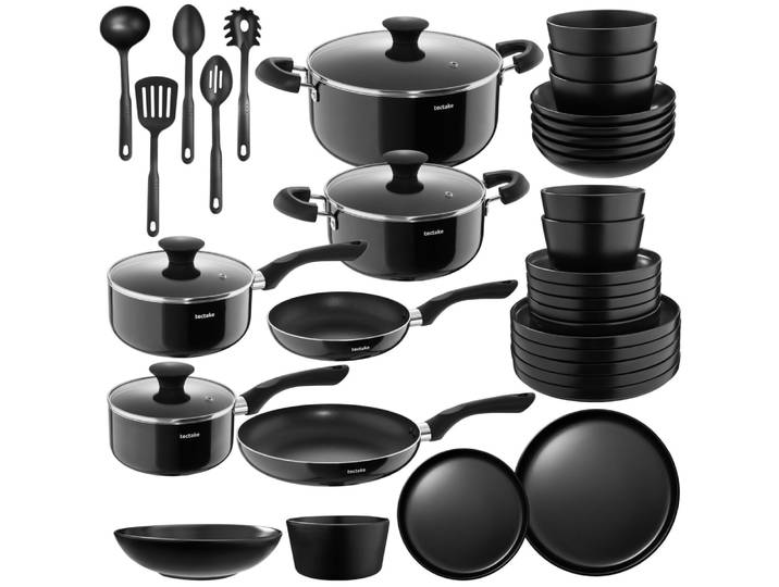 39 pièces lot cuisine, 24 pièces grès empilable induction, noir
