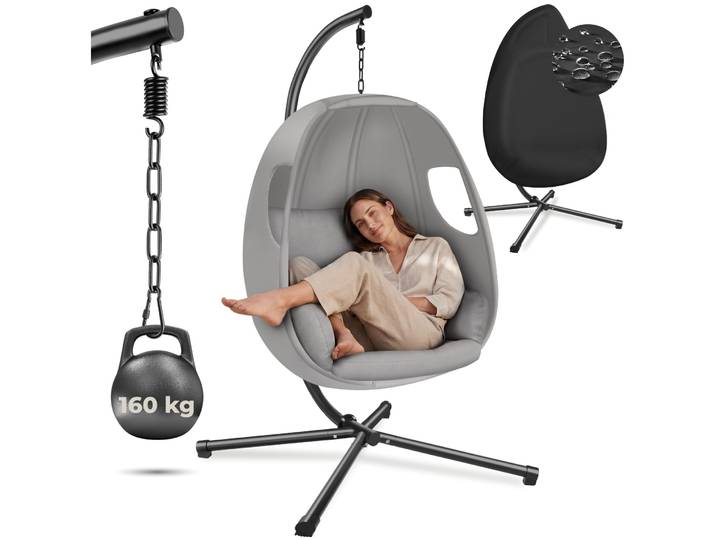 Fauteuil suspendu ANIKA avec cadre et coussin 160kg - gris clair