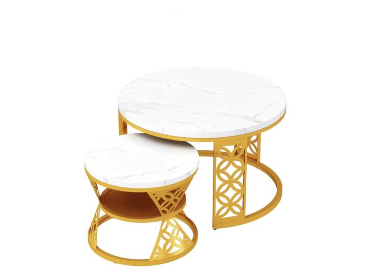 Set de 2 tables basses en métal avec plateau, or+blanc