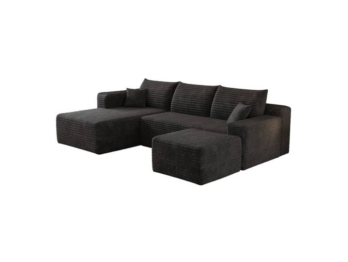 Canapé d'angle compressé en tissu côtelé noir avec méridienne 241 cm