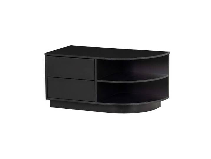 Meuble TV en pin massif noir, rond, 2 tiroirs, avec rangement - W