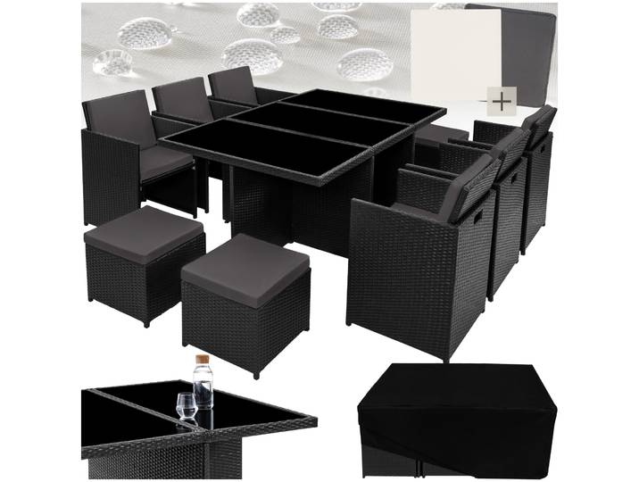 Ensemble de salon en rotin et aluminium New York 6+4+1 avec housse de protection - noir