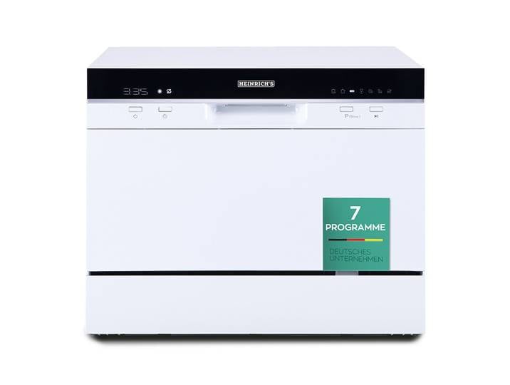 Heinrich's HTG 8840 Weiss lave-vaisselle de table 6 couverts mini lave-vaisselle de comptoir 7 programmes affichage numérique départ différé 24 h ouverture automatique séchage puissant cordon d'alimentation adoucisseur d'eau 47 dB faible bruit classe éner