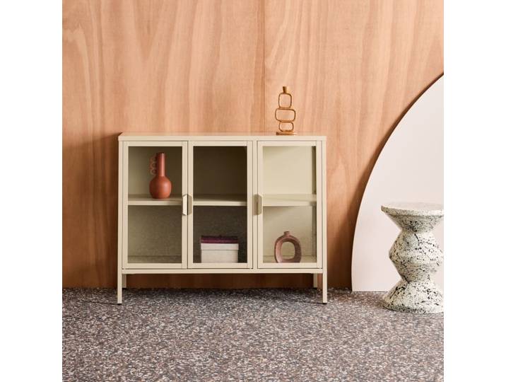Buffet industriel métal et verre trempé 3 portes 100cm beige