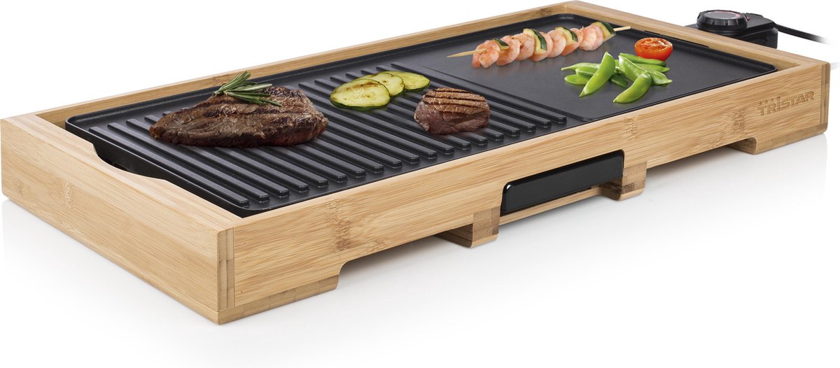 Tristar BP-2641 Elektro Tischgrill Bambus, Schwarz