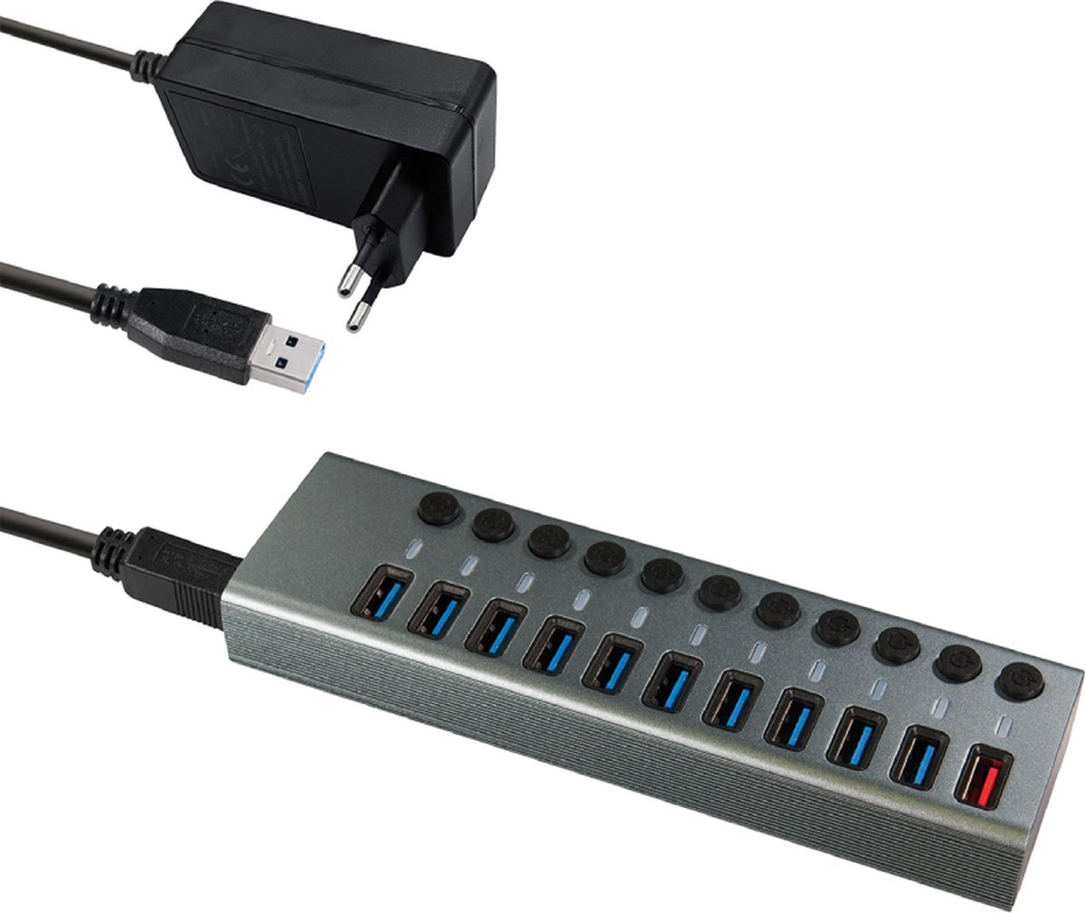 Maxtrack CH12L USB-Hub 10 Port USB-A USB 3.0 5 GBit/s einzeln schaltbar Silber-Grau CH12L