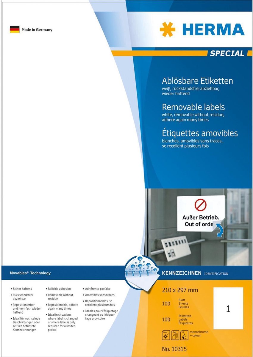 HERMA Wiederablösbare Etiketten 10315 Selbstklebend DIN A4 Weiß 210 x 297 mm 100 Blatt à 1 Etikett