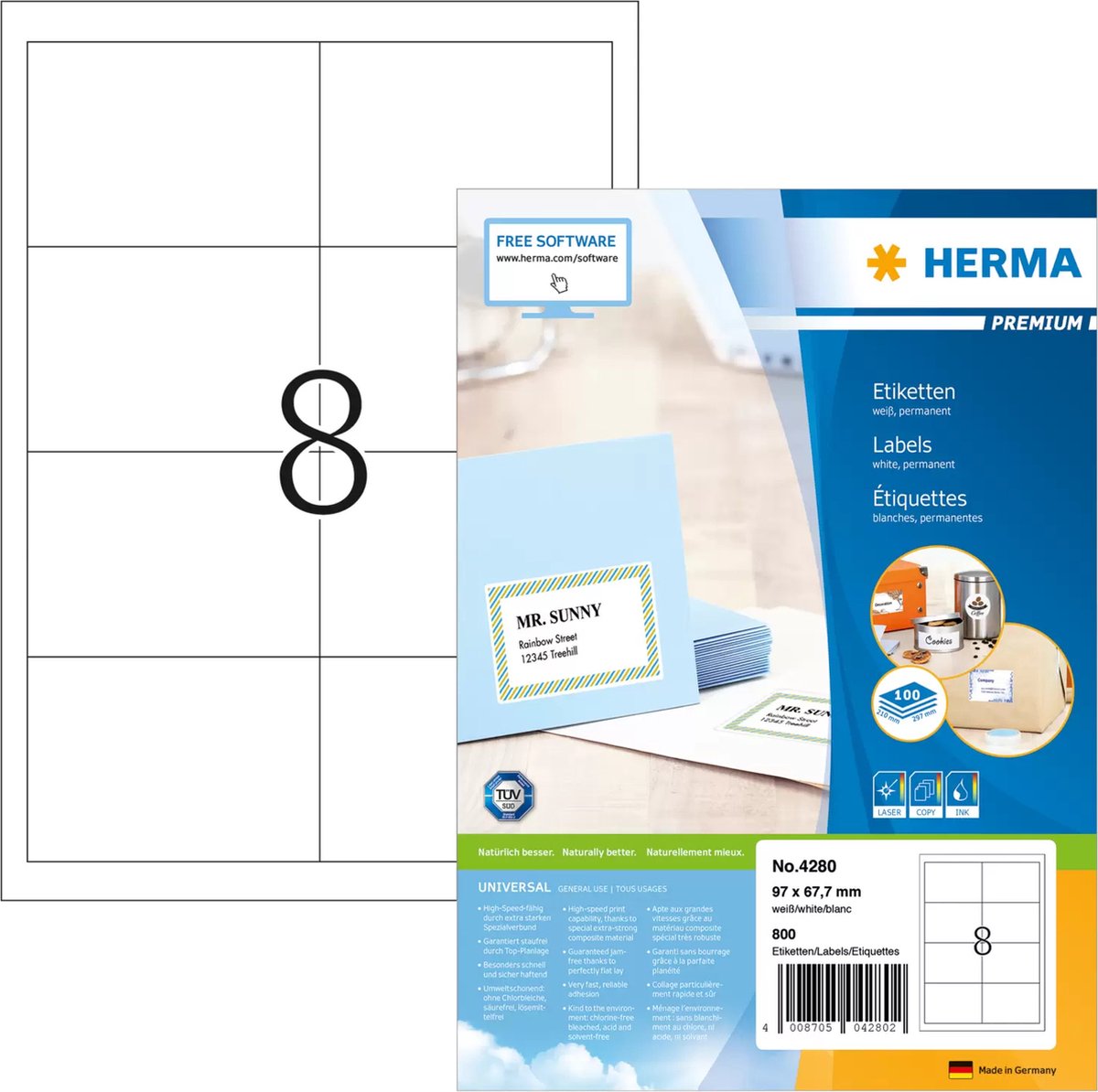 HERMA Universaletiketten 4280 Weiß DIN A4 97 x 67,7 mm 100 Blatt à 8 Etiketten